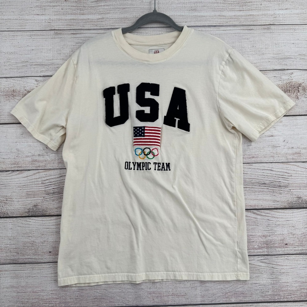 Team USA Olympic Team Shirt Mens Large Cream Chenille Patch Graphic Tee
